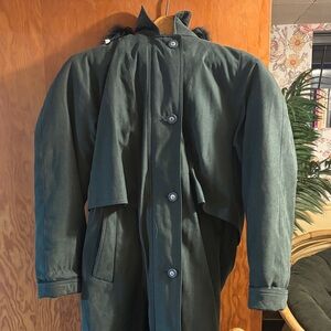 Vintage Dark Green Long Coat with Fur Trim